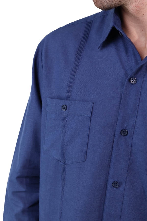 Guayabera Corte Clasico Azul Marino Manga Larga Con Alforza Textura Lino Para Hombre